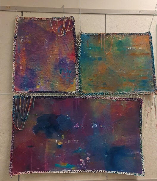 Found Family: an Ode to Helen Frankenthaler 2023: 45x30in acrylic on canvas fabric, crochet with cotton yarn dyed with acrylic paint